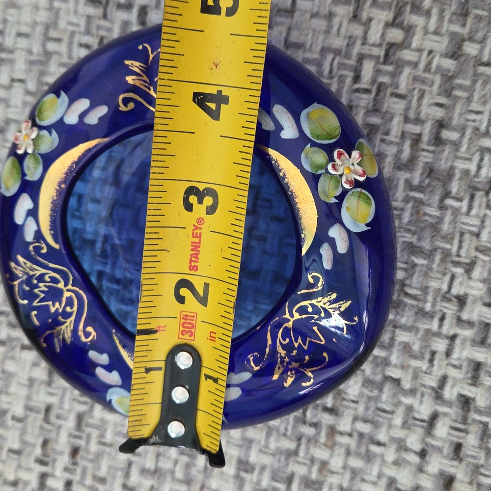 Hand-Painted Floral Cobalt Blue Glass Trinket Dish/Bowl/Ashtray Czech - Picture 8 of 13